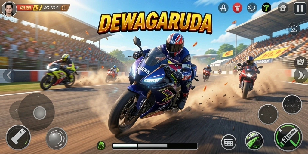 Gameplay seru DEWAGARUDA dengan balapan motor yang cepat dan menegangkan.