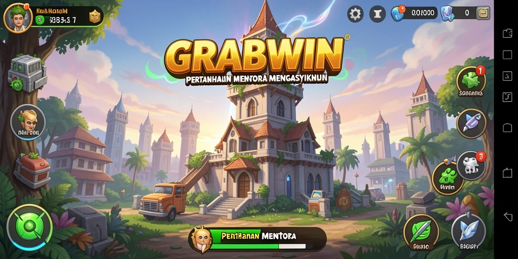 Tampilan RPG mendebarkan di GRABWIN saat pertahanan menara melawan serangan musuh.