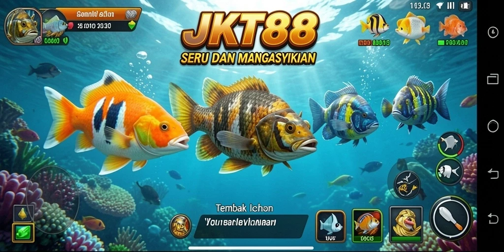 Tampilan gameplay menarik dari JKT88 dengan berbagai ikan untuk ditembak.