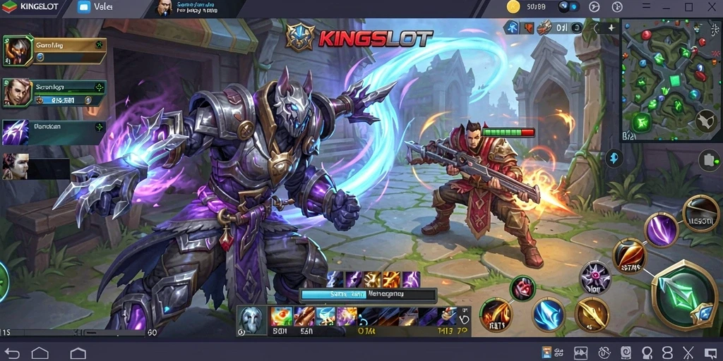 Screenshot gameplay KINGSLOT menampilkan aksi seru dalam pertempuran MOBA.