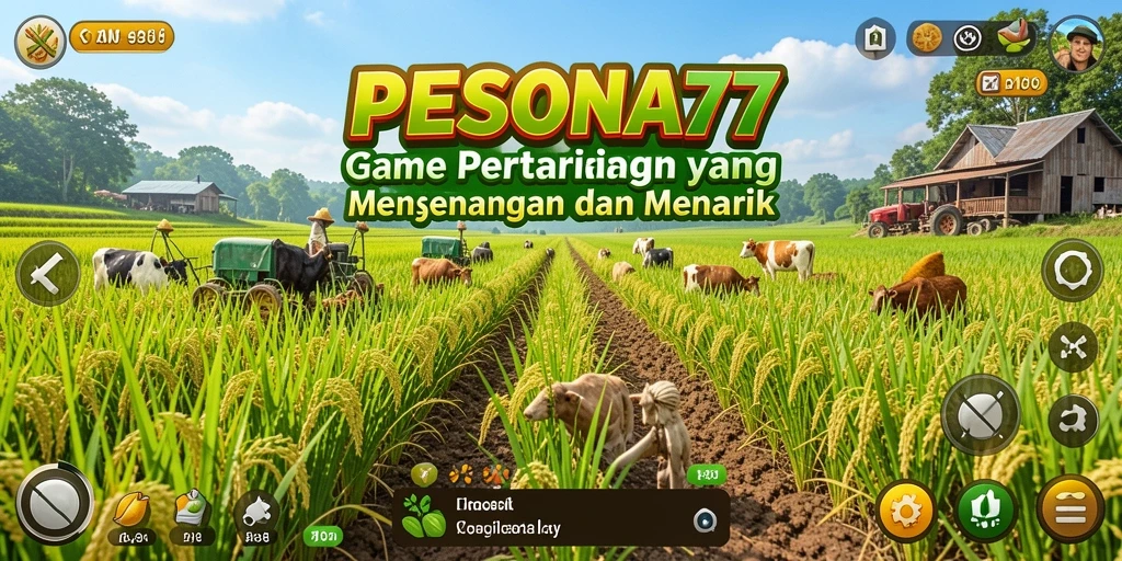 Screenshot utama PESONA77 menunjukkan para petani sedang bekerja di ladang dengan latar belakang pemandangan indah.
