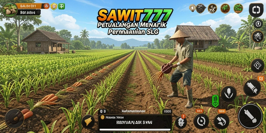 Tampilan gameplay SAWIT777 yang menampilkan kebun sawit yang subur.